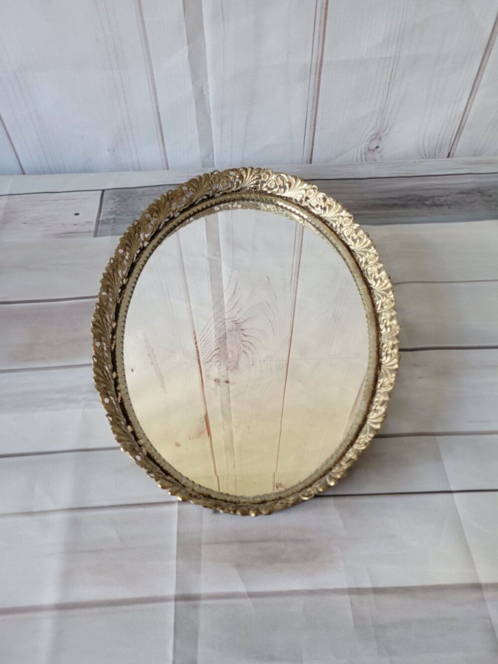Vintage Oval Mirror Tray, Vanity Retro Dresser Mirror Green Felt Backing Antique
